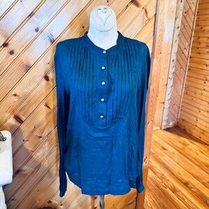 Tory Burch Pleated Blouse Navy Sparkly Blue Button Front Size Medium NWOT